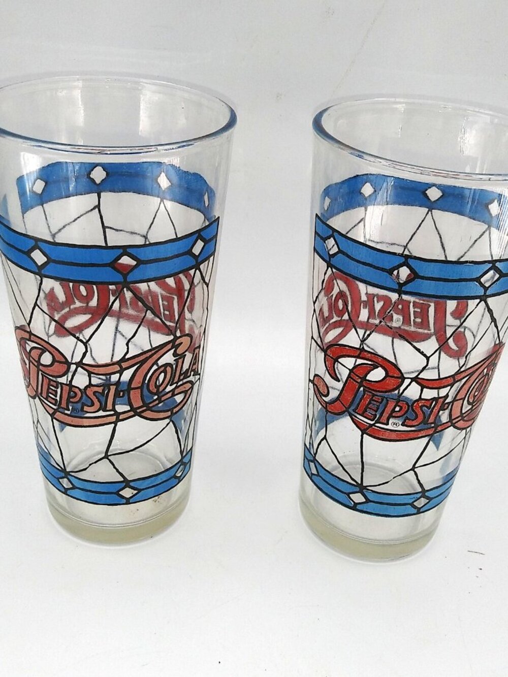 Set of 2 Vintage Pepsi Cola Tiffany Style Drinking Glass Blue Diamond Stained